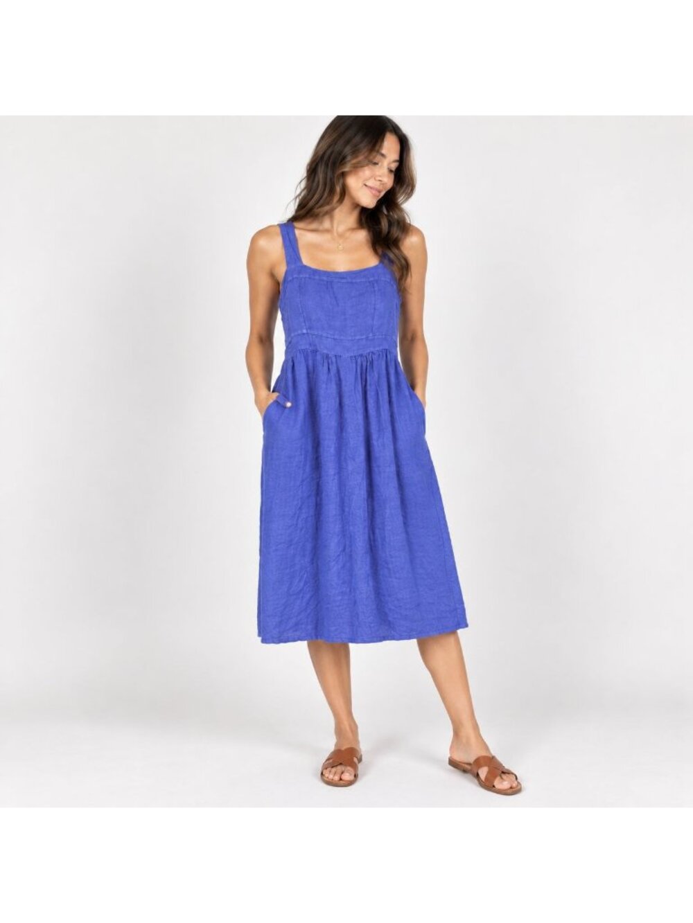 Francesca Bertini 100% Linen Blue Midi Dress Made in Italy Size S Pockets